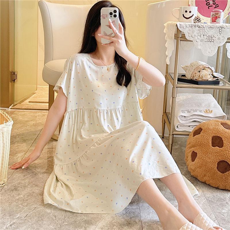 Cotton and Silk Nightgown Women's Summer Short-sleeved Large-size High-end Printed Maternity Pajamas Can Be Worn Outside Long Loungewear