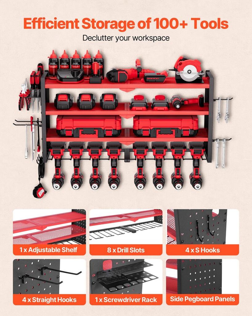Power Tool Organizer Wall Mount, 4-Layer Storage Rack with 8 Drill Holders, Tools Holder and Storage Rack with Side Pegboards, Garage Tool Organizer