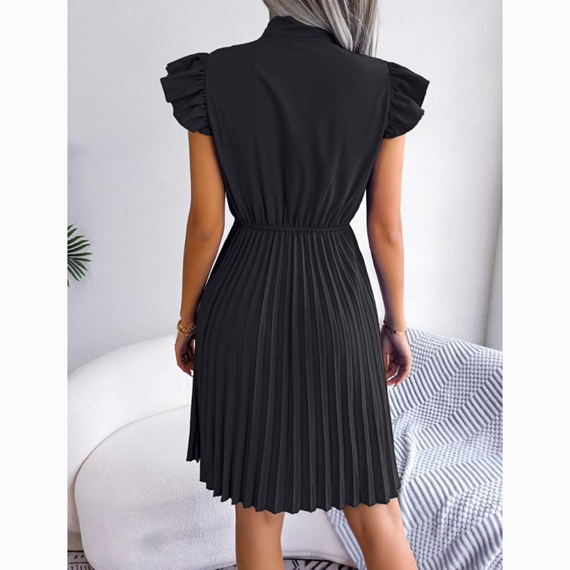 Spring Summer A Line Casual Dresses Women Lace Up Waist Pleated Office Lady Dress Elegant Ruffled Solid Loose Dress Female Clothing 24114