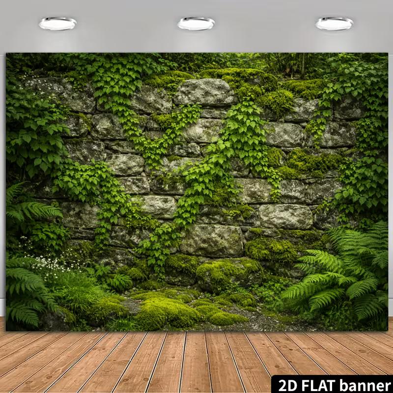 2D Enchanted Forest Wall with Greenery and Wildflowers Photo Background