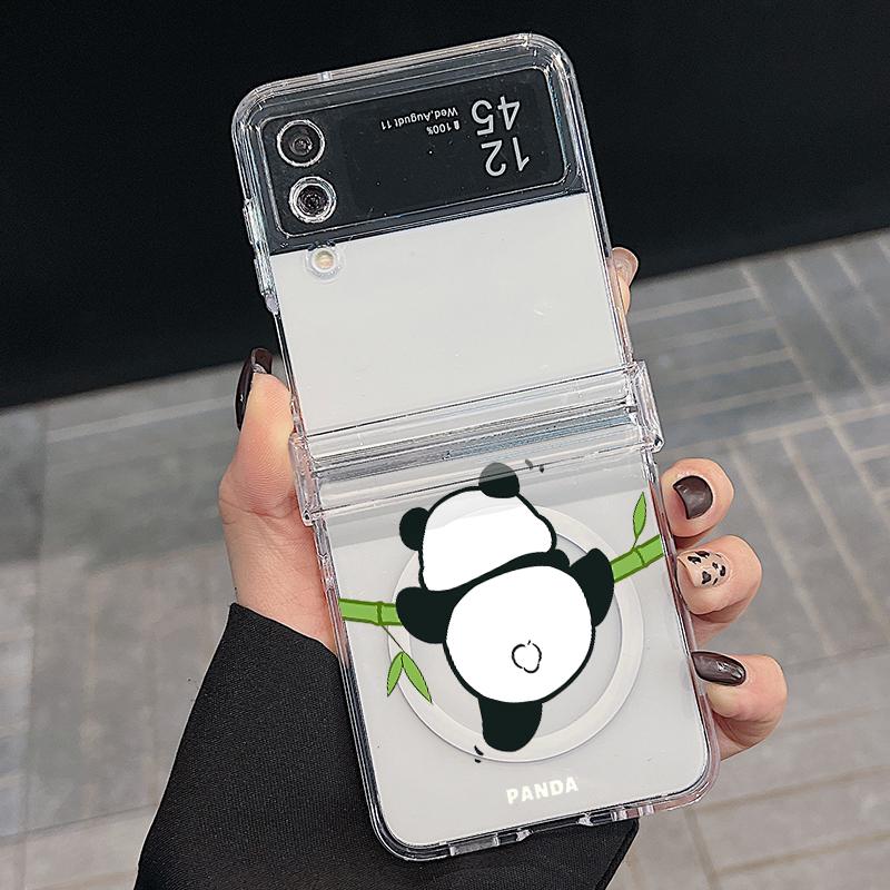3 STÜCKE Faltbare Stoßfeste Hülle für Samsung Z Flip6 Flip5 Flip4 für Magsafe Magnetisch Cartoon Pandas Muster Transparent Hartes PC Slim Case Abdeckung