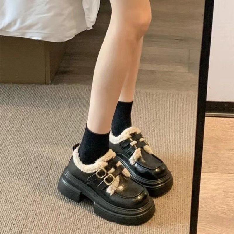 Brown velvet small leather shoes women's winter new retro soft leather versatile women's shoes