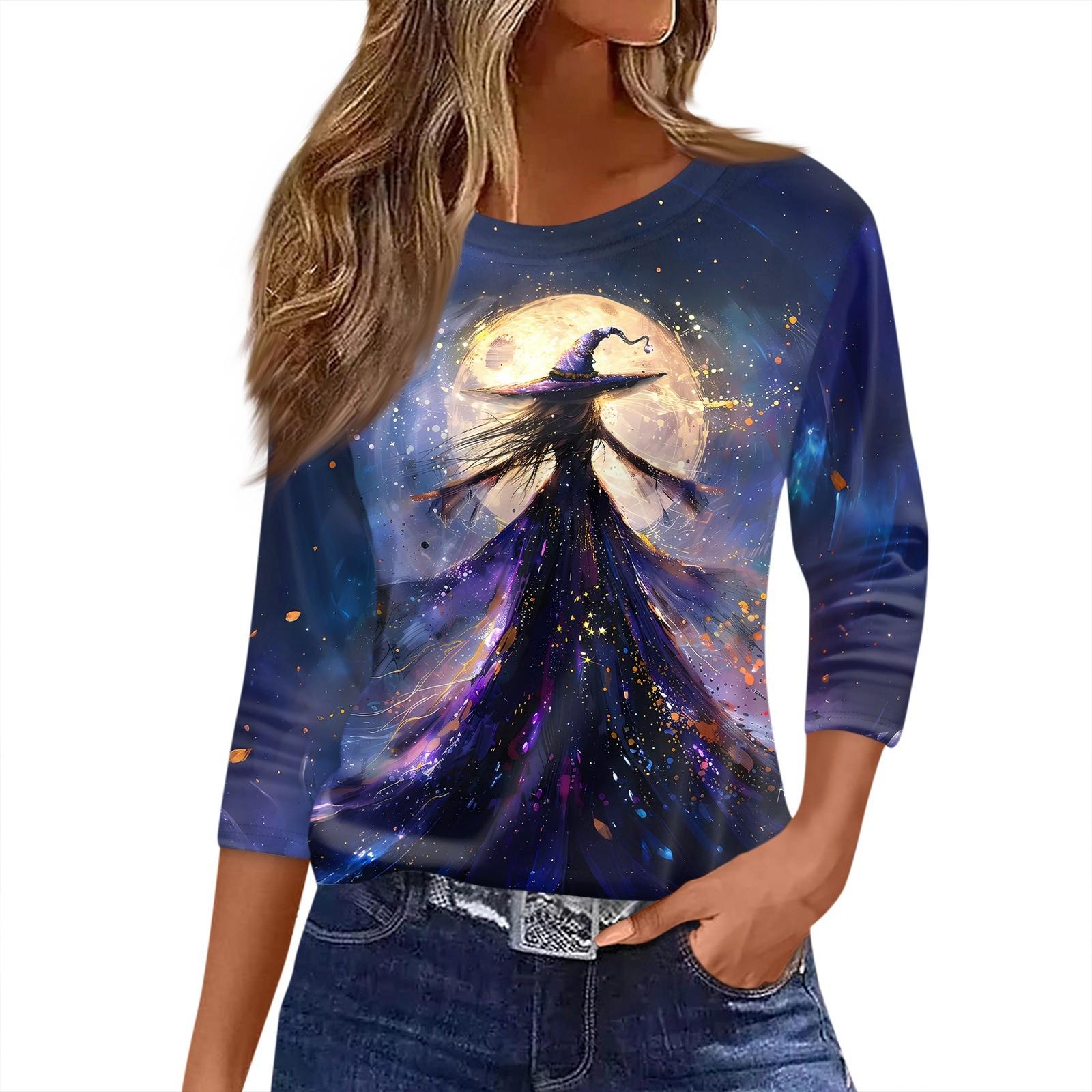 

Женская футболка с принтом на Хэллоуин, рукав 3/4, повседневная мода, базовая, с круглым вырезом, обычный топ S