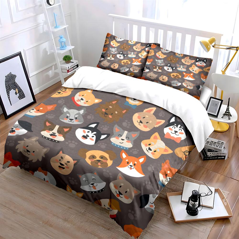 Cute Cartoon Dog Faces Pattern Bedding Duvet Cover Set (1*Duvet Cover 2*Pillowcases, without duvet insert)