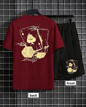 American men's summer fashion poker graffiti print comfortable breathable round neck T-shirt shorts set outdoor streetwear