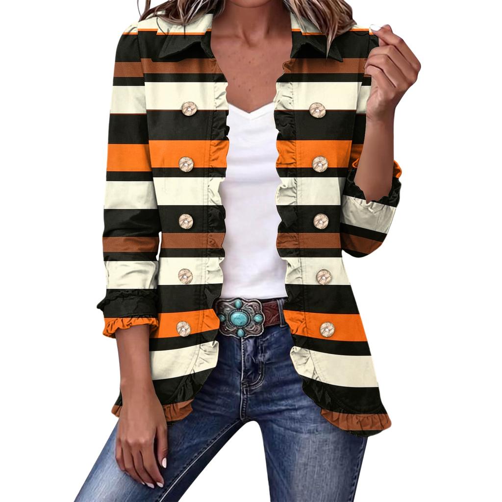 Women's Cropped Ruffle Hem Jacket with Lapel Collar and Double-Breasted Button Front