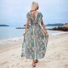 2025 V-neck Backless Rayon Printed Ruffled Short Sleeves Split Dress Women