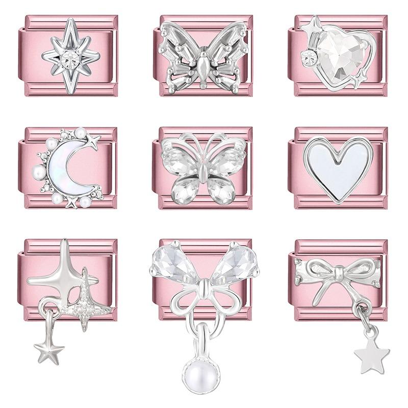 Pink Color Y2K Butterfly Star Bow Rabbit Heart Pendant Italian Charm Links Fit 9mm Stainless Steel Bracelet DIY Making Gifts