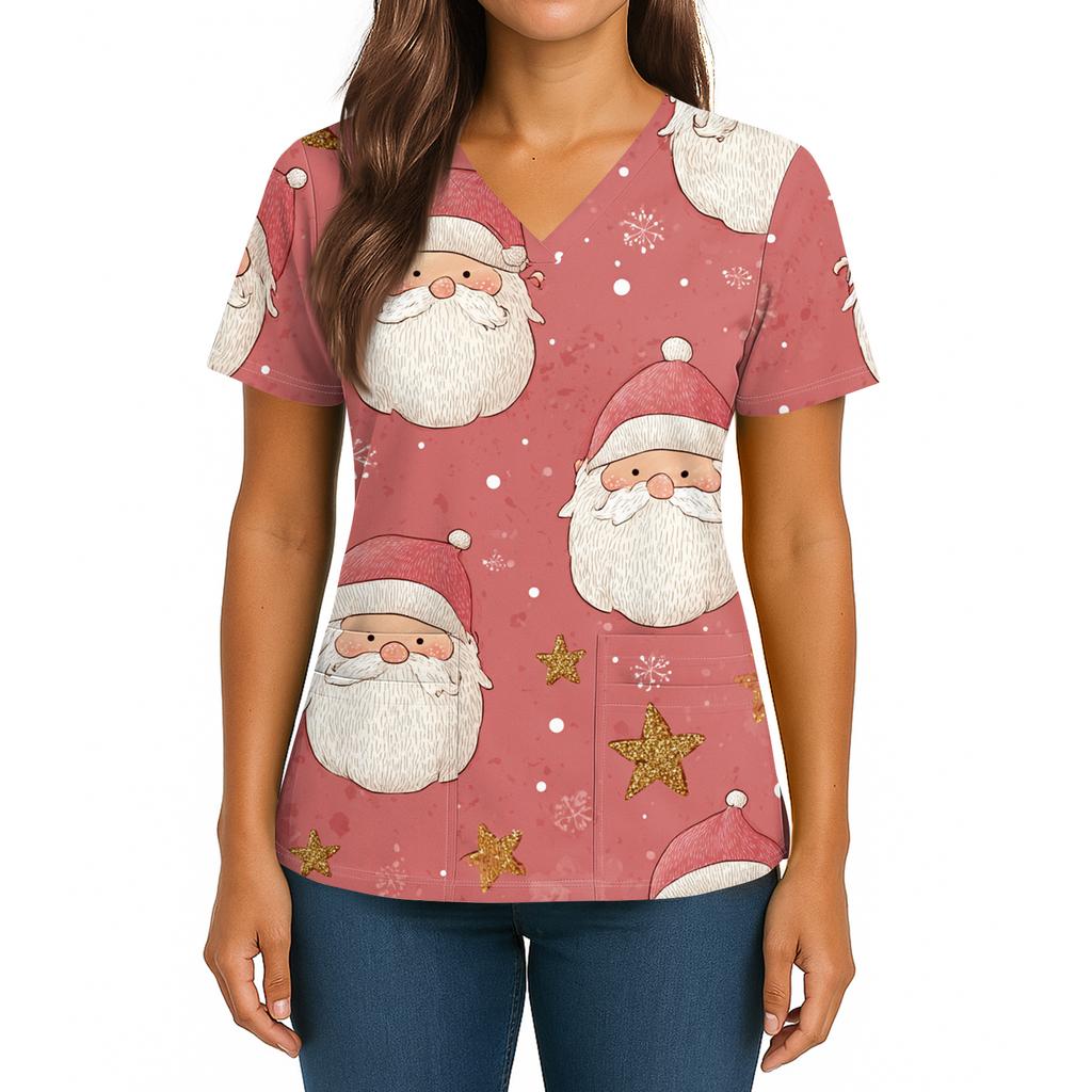 Women's Christmas Print V-Neck Double Pocket Short Sleeves Hem Slit  Uniform And Caregiver Top