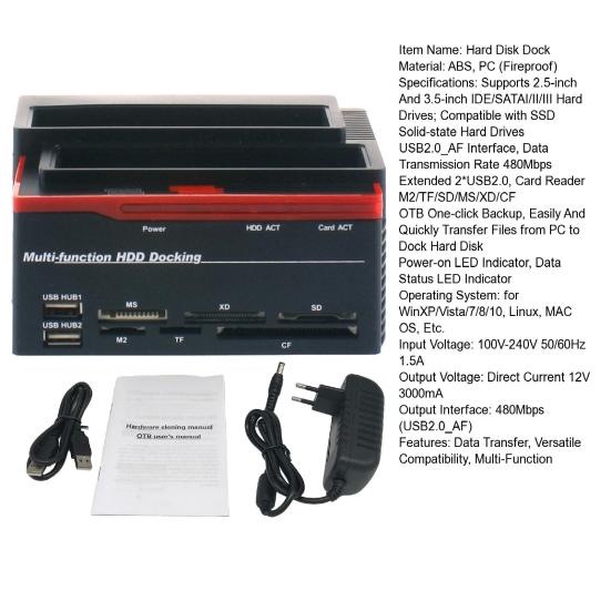 USB2.0 To IDE/SATA Dual-disk Multi-function Hard Disk Dock High-Speed Data Transfer Dock for WinXP/Vista/7/8/10 Linux MAC OS