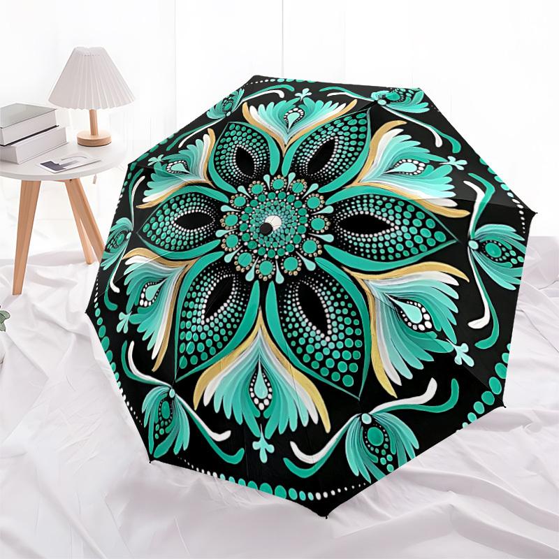 1pc Floral Mandala Automatic Folding Umbrella - Design, Durable Iron Frame for Travel, Outdoor, Beach Fashion Accessory a0920051