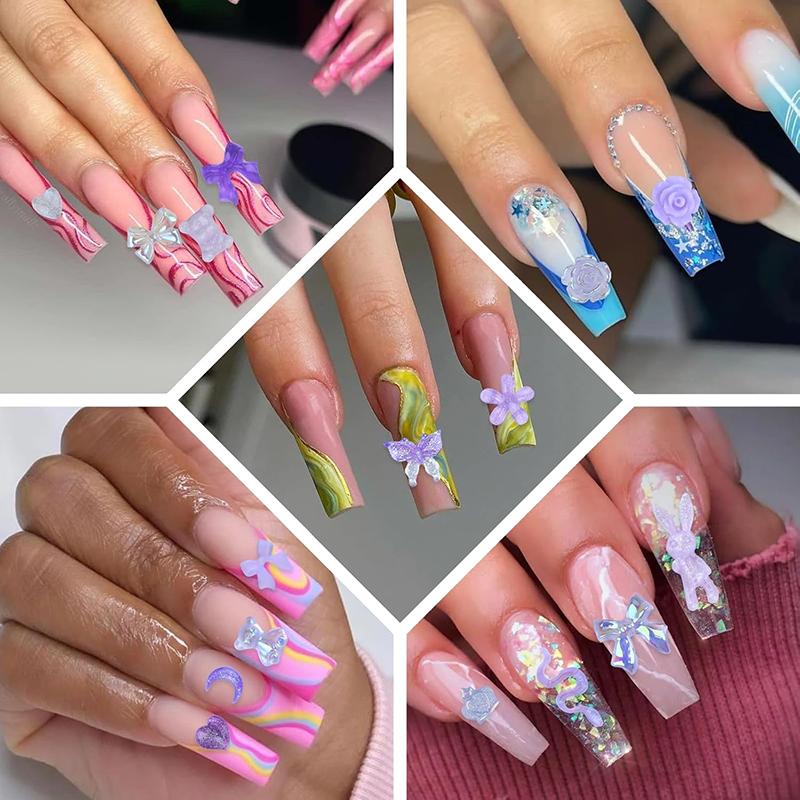 WTEMPO 200 Pieces 3D Mix Assorted Resin Nail Charms Hollow Pearl Heart Nail Art Charms Gems Gummy Bear Star Heart Flowers Acrylic Beads