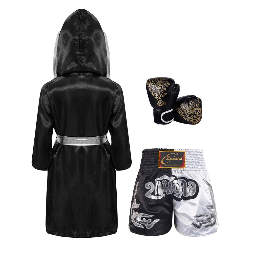 Jungen Kampf Nacht Cosplay Set: Boxer-Robe mit Kapuze, Elastische Shorts & Handschuhe Komplette Ausstattung für Party & Rollenspiel