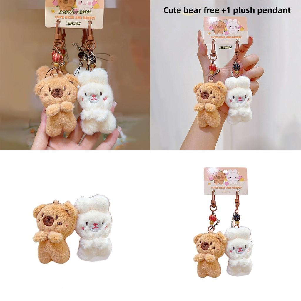 Cartoon Style Plush Keychain Pair With Soft Rabbit Bear For Mobile Phone And Bag Decor