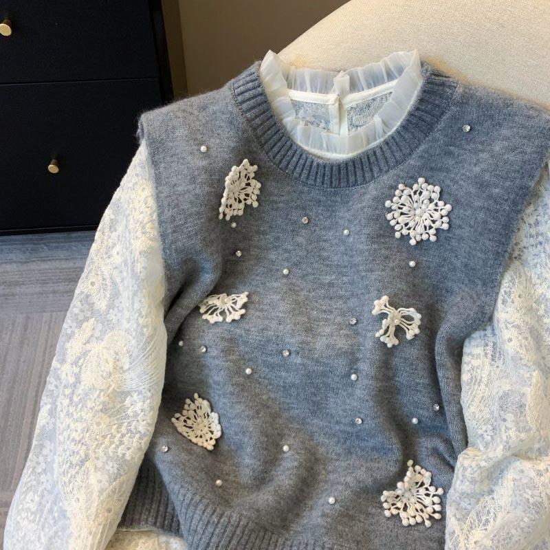 Set Top for Women Winter Flower Knit Sweater Vest Lace Slim Long Sleeve Bottom Shirt Two Piece Set