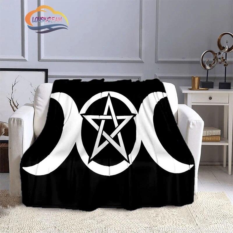 Pentacle & Moon flanellfilt, Skull Witchy Wicca Pagan Black and White Mystical Gothic Solfilt