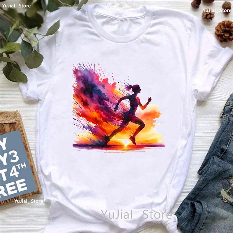 Colorful Running Girl Printed T Shirt Unisex Clothes 2024 Summer Fashion Tops Tee Shirt Femme Love Sports Tshirt Female