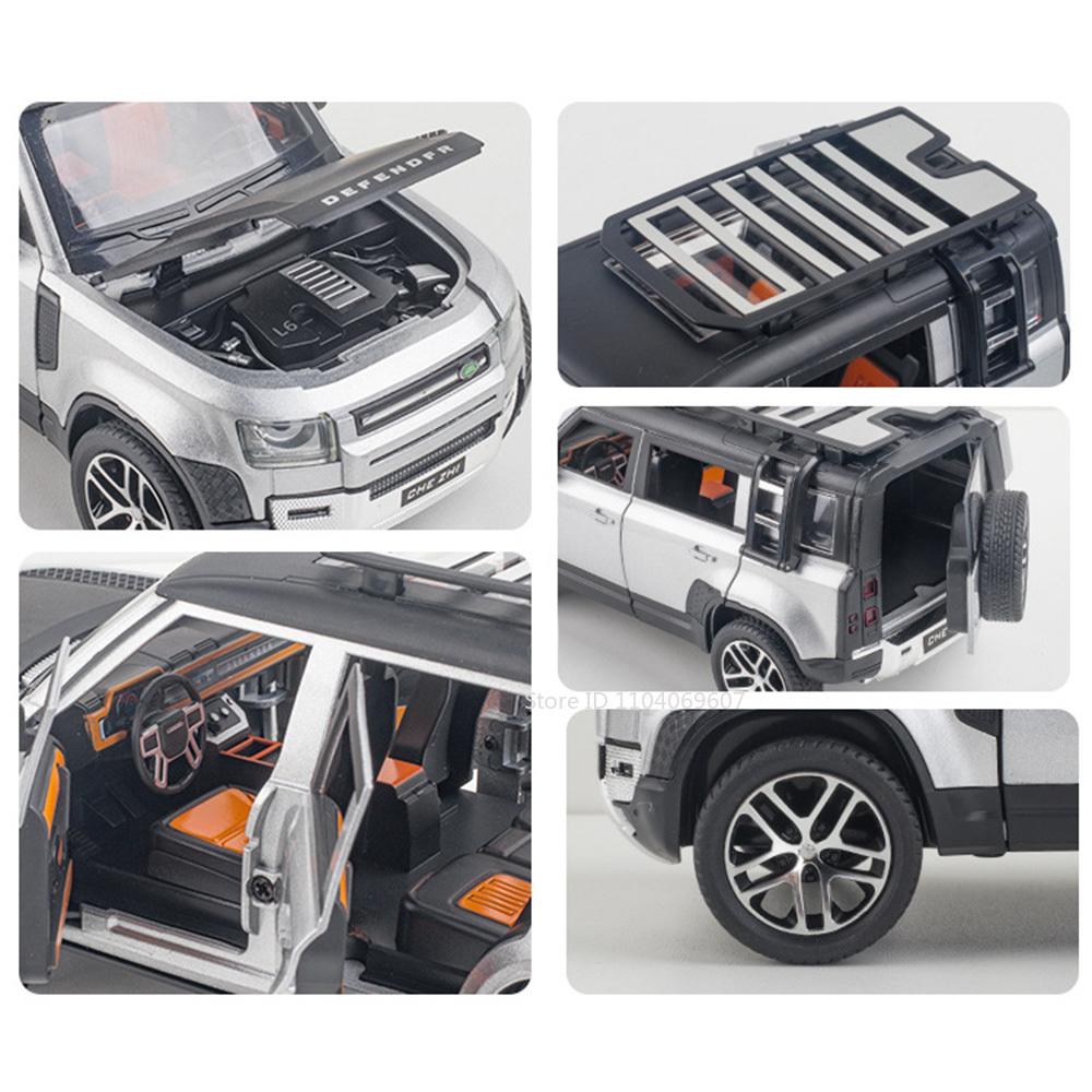 1:24 Land Rover Defender Toy Car Models Alloy Diecast SV2022 SUV Sound Light Doors Opened Pull Back Decoration Vehicle Toys Gift