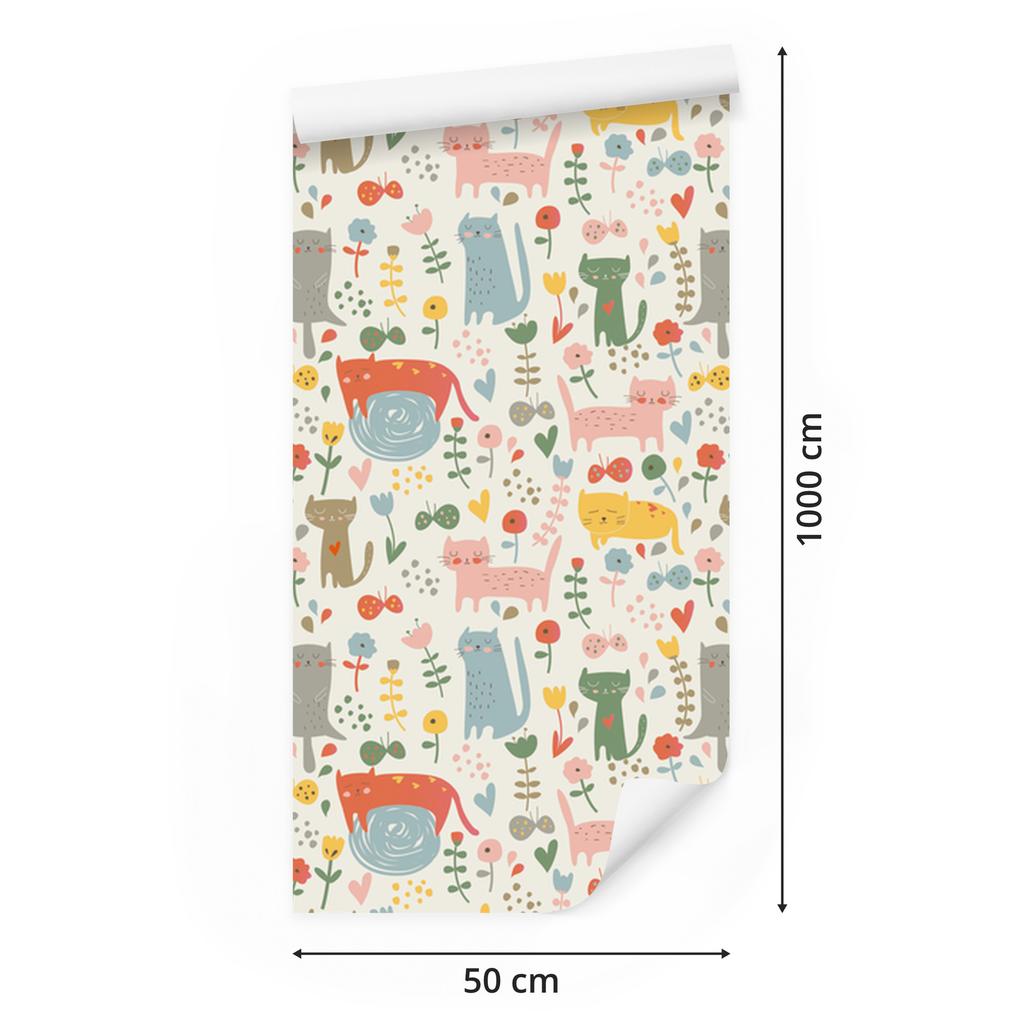 Wallpaper Colorful Kittens and Plants for Living Room and Bedroom 50x1000