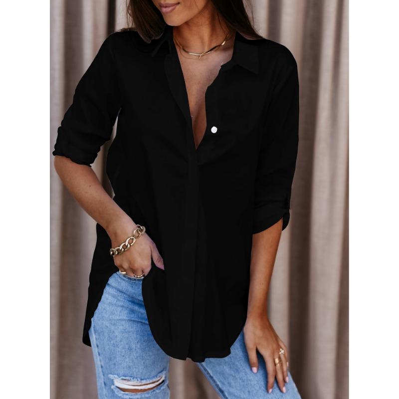 Fashion Long Sleeved Simple Loose Office Women Shirt Button-up Lapel Solid Color Casual Blouse Spring Autumn Solid Color Elegant Basic Tops Clothing