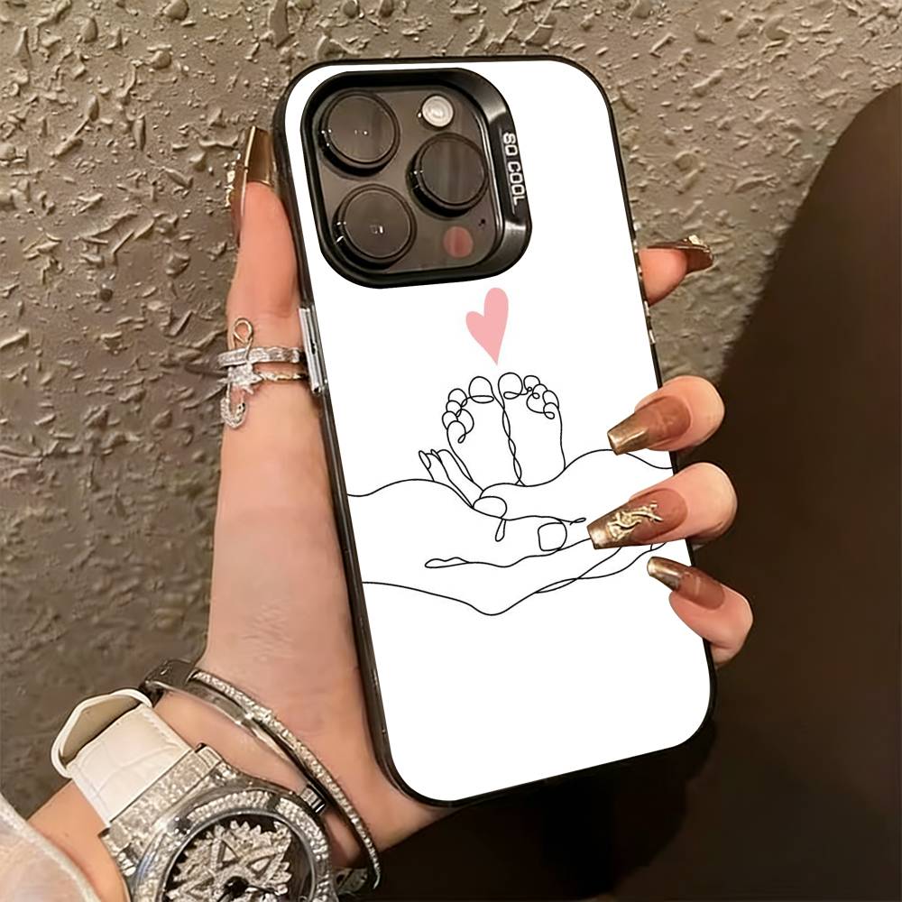 Baby Mom Daughter Son Dad Hand Phone Case For iPhone 17,16,15,14,13,12,11 Plus,Pro Max,XS,Colored Silver Plated Inside Cover