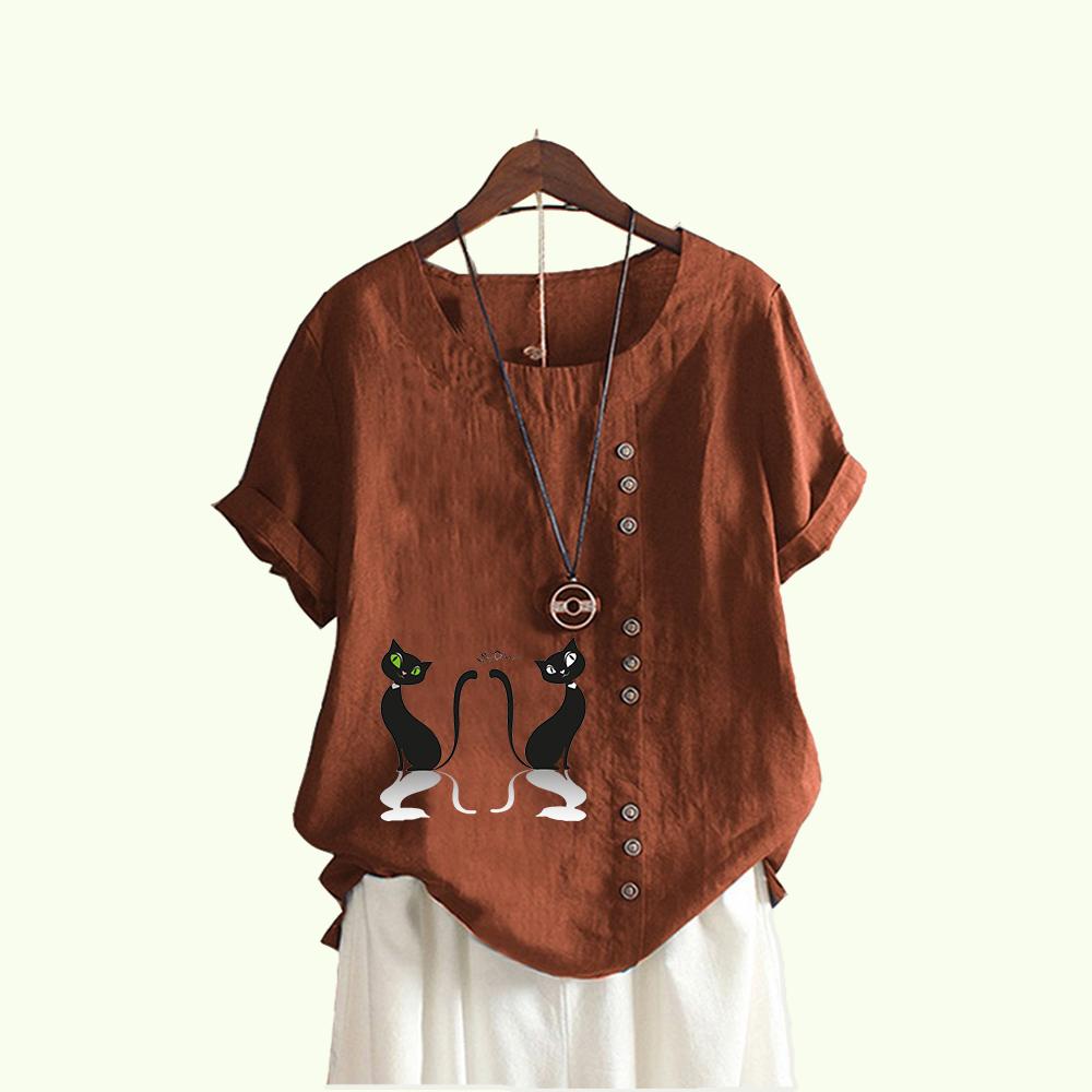 Women Fashion Cat Print Short Sleeve Blouses Summer Casual Round Collar Pullover Loose Cotton Linen T-shirt