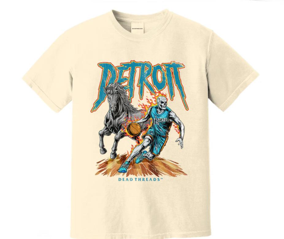 Detroit Skeleton Basketball Player & Flaming Horse Graphic Tee - Dead Threads. XXXXL