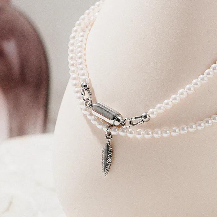 One-touch Feather Pendant 3-Core Pearl Necklace (C2503-AN937_IV)