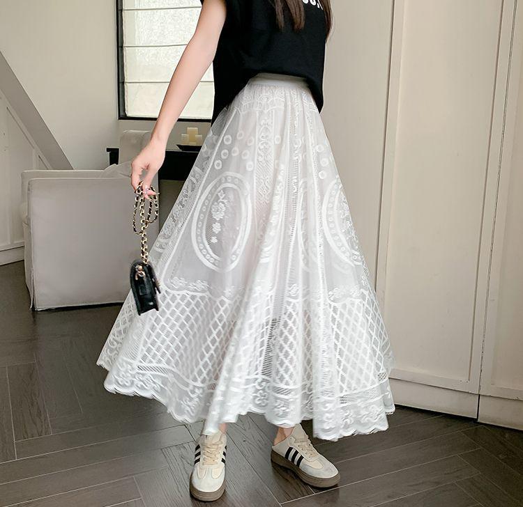 White Lace Hollow Out Cheongsam Petticoat - French Style Mid-Length Swing Skirt