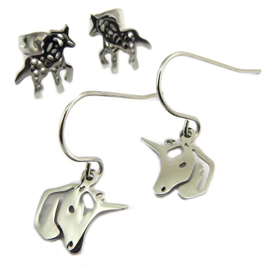 Les Trésors De Lily [P8073] - 2 Pairs of Silver 'Licorne My Unicorn' Steel Earrings - 10x10 Mm and 11x10 Mm