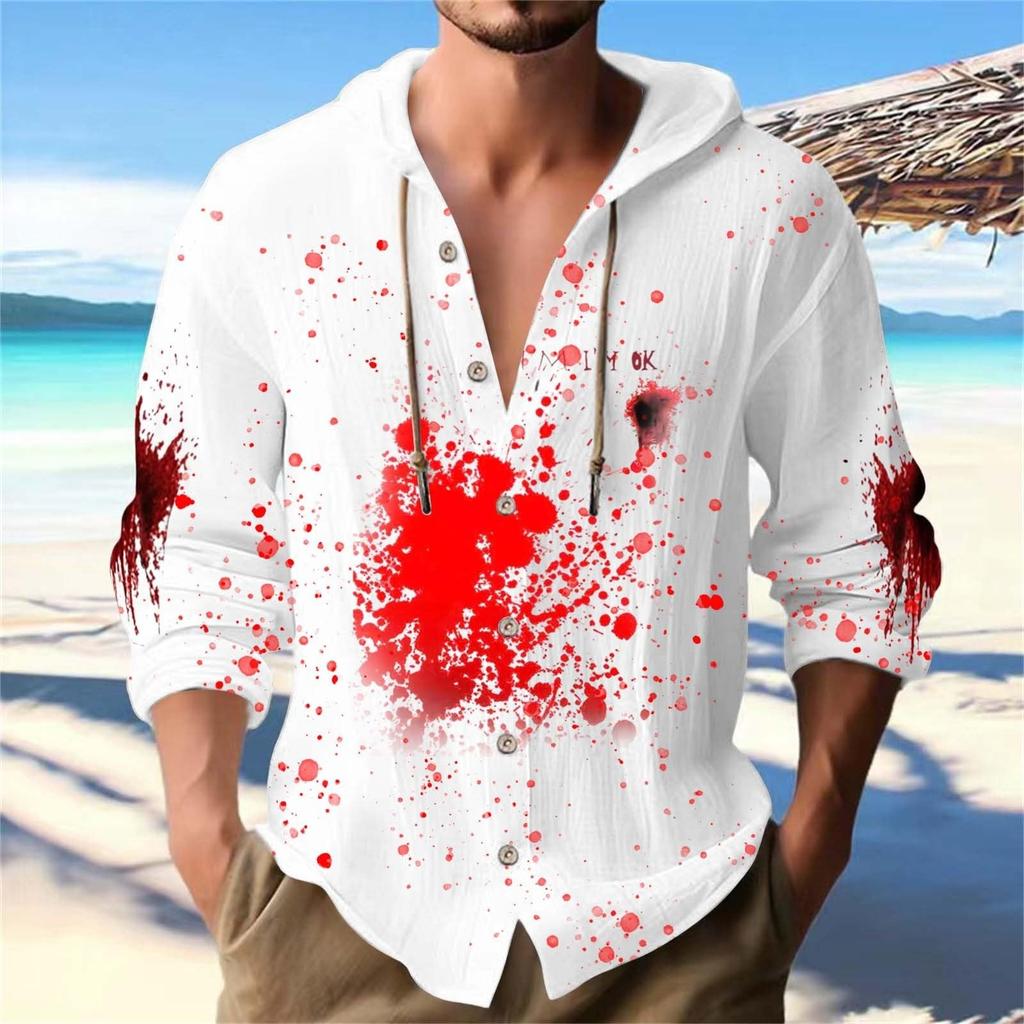 Halloween Printed Men's Shirt, Hooded Long-sleeved Hooded Jacket