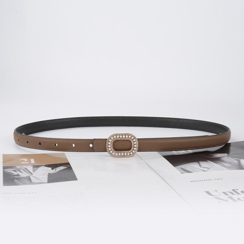 Lychee-patterned Top Layer Cowhide Women's Belt Inlaid with Pearl Rhinestones Women's Casual Jeans, Thin Style, Usable on Both Sides