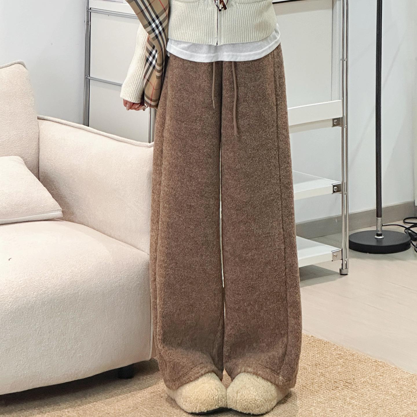 Women s Pink Lambswool Wide-Leg Sweatpants, Autumn/Winter 2025, Plus Velvet Lazy Style Large