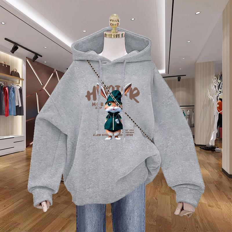 Women's Cartoon Print Fleece-Lined Hooded Sweatshirt - Stylish, Cozy, Loose-Fit, Couple-Friendly Outerwear
