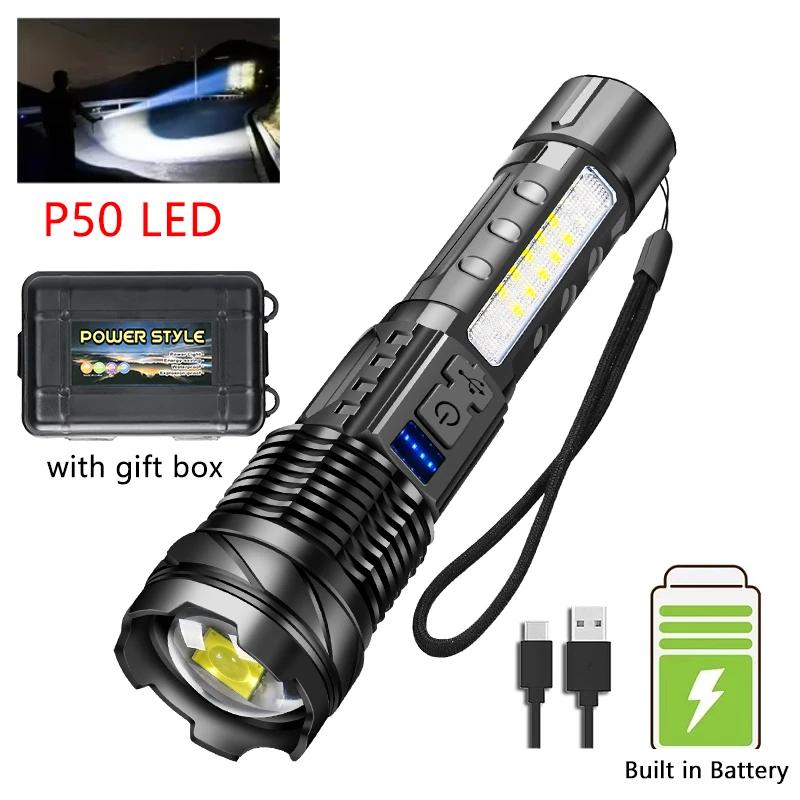 Powerful XHP50 LED Flashlight Waterproof Torch With Side Light 7 Modes Camping Fishing Lantern Type C Rechargeable Zoom Lamp