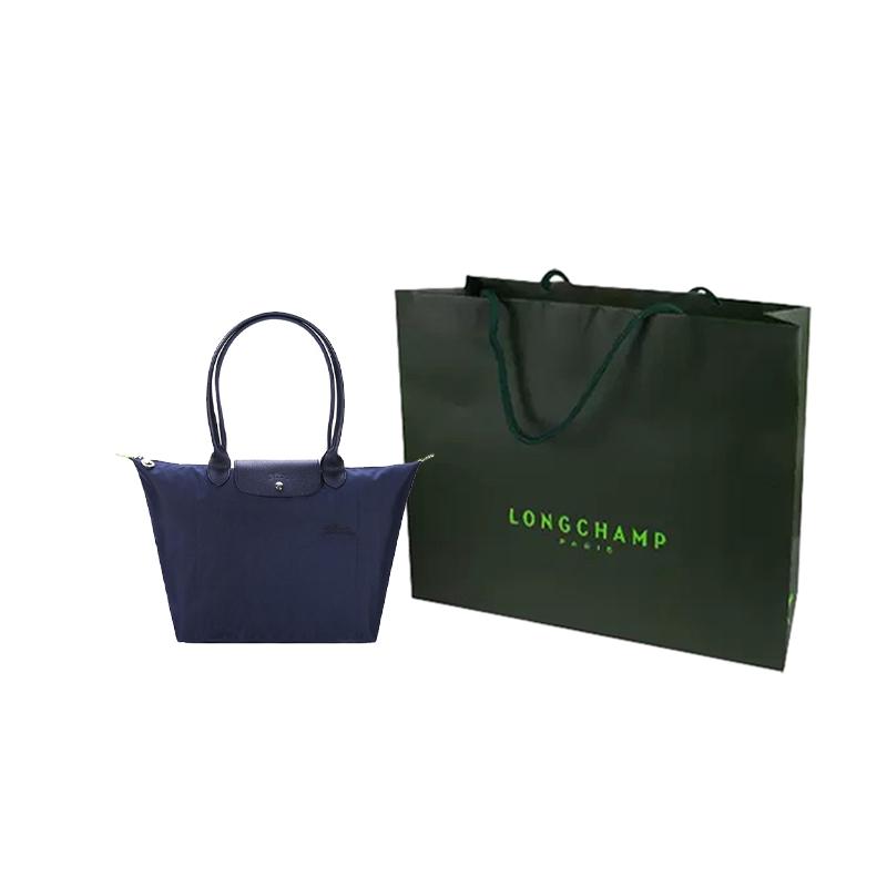 Longchamp Le Pliage Green Logo Ricamato del Marchio Tela e Pelle Borsa a Mano a Spalla Grande Borse da Donna Blu Navy 1899919P68