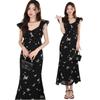 Feifei Sleeve Butterfly Printed Fishtail Dress Black Waist Medium and Long Small Sleeveless Dress Women's Summer