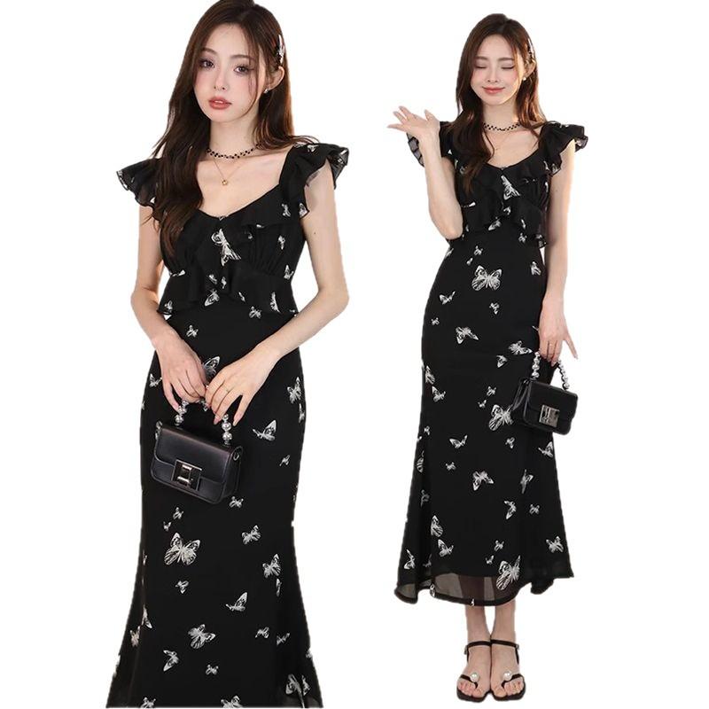 Feifei Sleeve Butterfly Printed Fishtail Dress Black Waist Medium and Long Small Sleeveless Dress Women's Summer