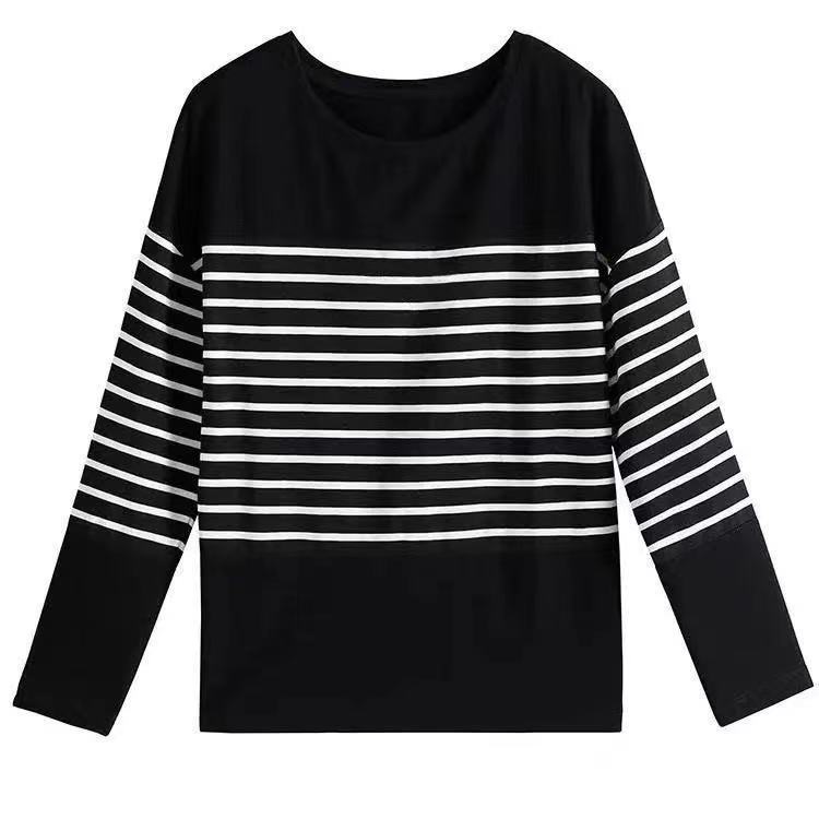 M-5XL Long Sleeved T-shirt for Women Fashion Autumn Clothing Loose Round Collar Bottoming Shirt New Striped Top