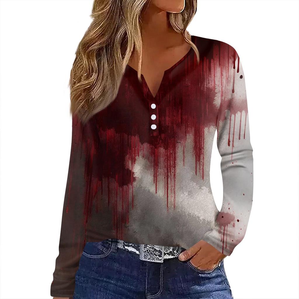 Dámské tričko s potiskem Halloweenu, knoflíky, dlouhý rukáv, denní, víkendová móda, základní, výstřih do V, běžný top