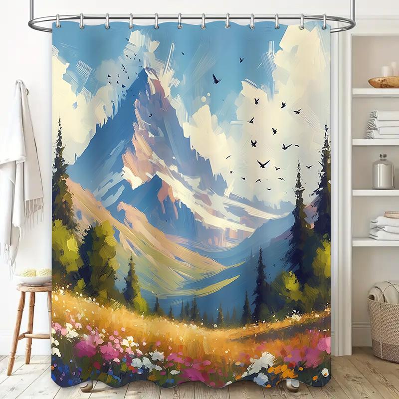Impressionist Mountain Landscape Shower Curtain With Flower Field Flying Birds Artistic Bathroom Decor For Nature Lovers