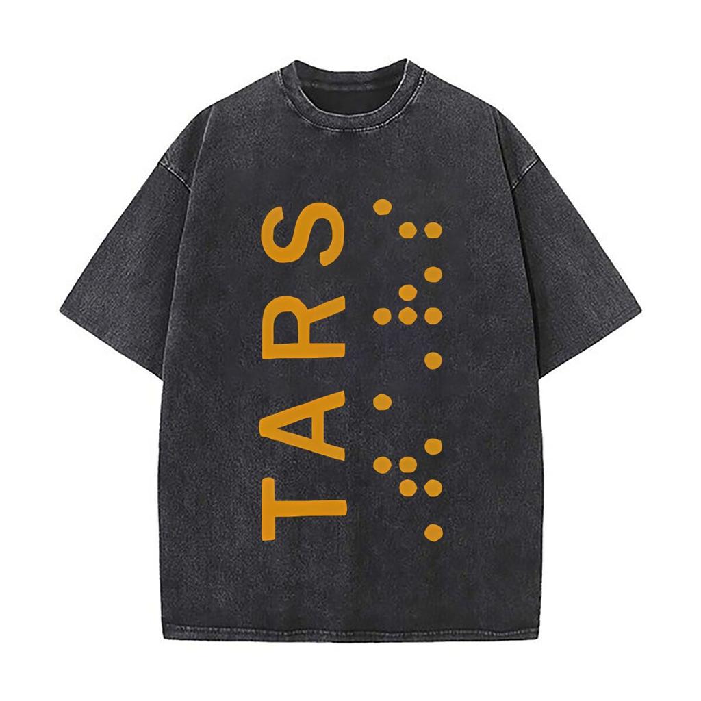 TARS Stylized Text with Dot Accents Art Loose Solid Distressed T Shirt American Casual Crew Neck Top