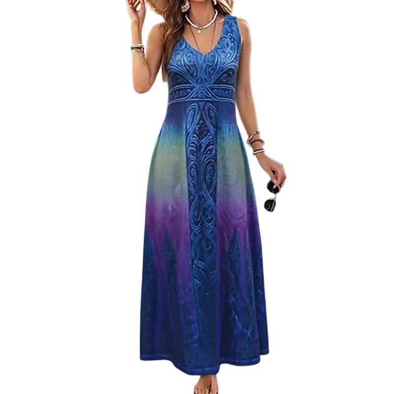 Women s Blue Gradient V-Neck Retro Dress, European & American Style, Long Vacation Casual Dress M синий