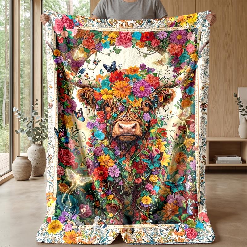 Floral Bull with Sunflowers Theme Blanket Lightweight Warm Flannel Blanket Decorative Throw Blanket for Home Decoration