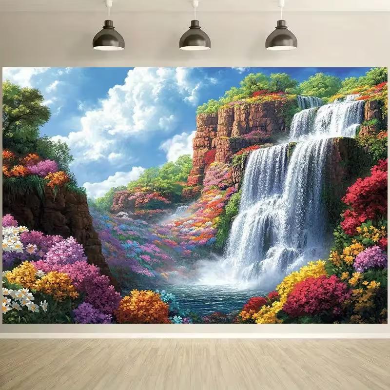 2D Scenic Mountain Waterfall Backdrop for Calm Party & Studio Shoots