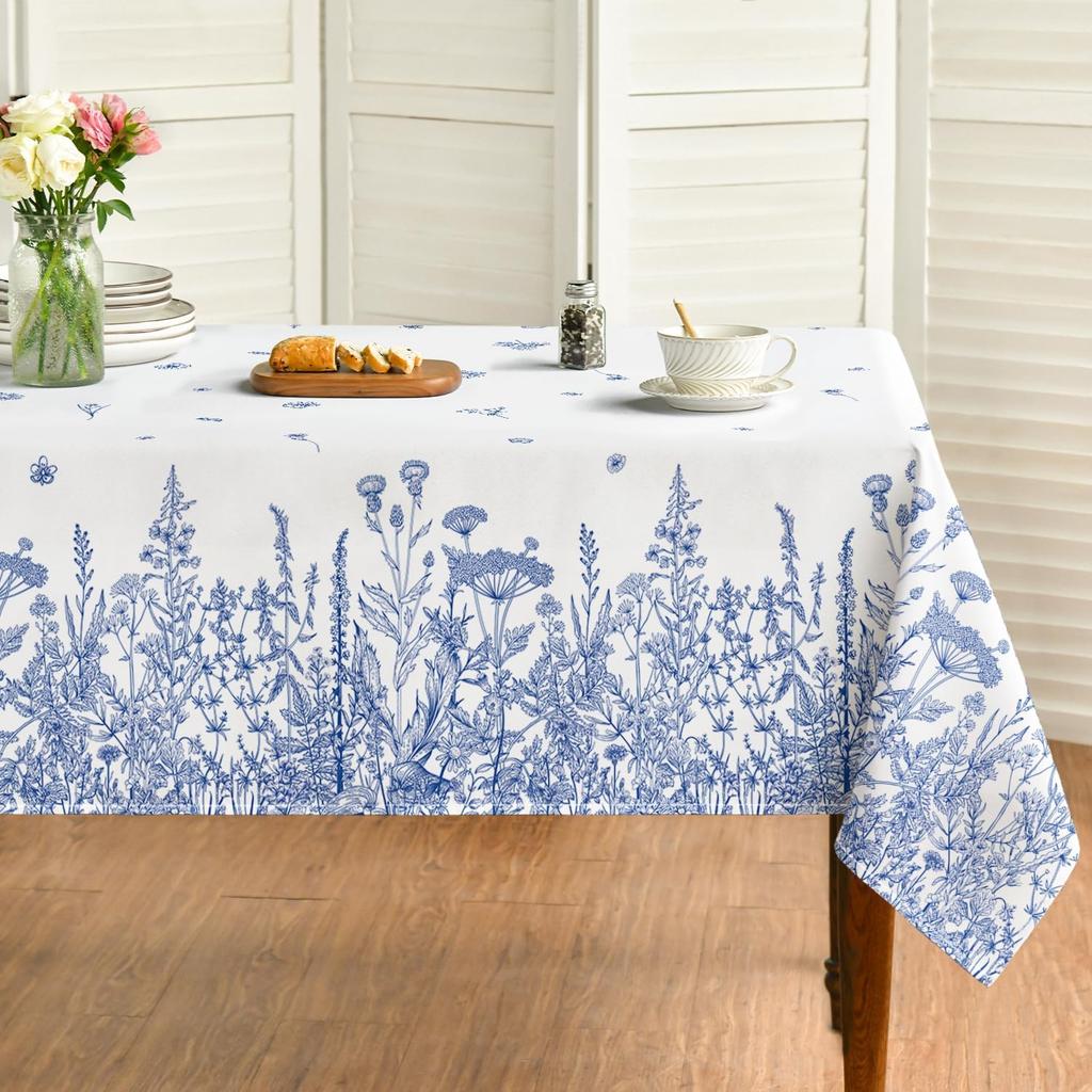 Summer Wild Flowers Rectangle Tablecloth Holiday Home Party Decor Seasonal Blue Floral Waterproof Table Cloth Dining Table Decor