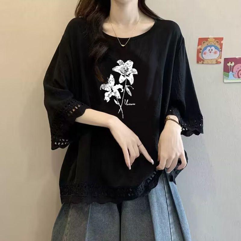 Street Casual All Match Floral and Plant Printed T-shirt for Summer Loose and Versatile Elegant Top Popular Women
