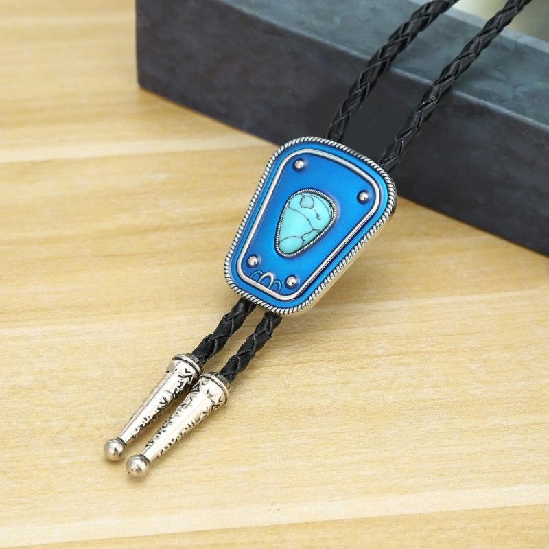 Men Women Bolo Tie Necktie Artificial Leather Braided Rope Necklace with Enamel Stone Pendant Jewelry Cowboy Neckwear