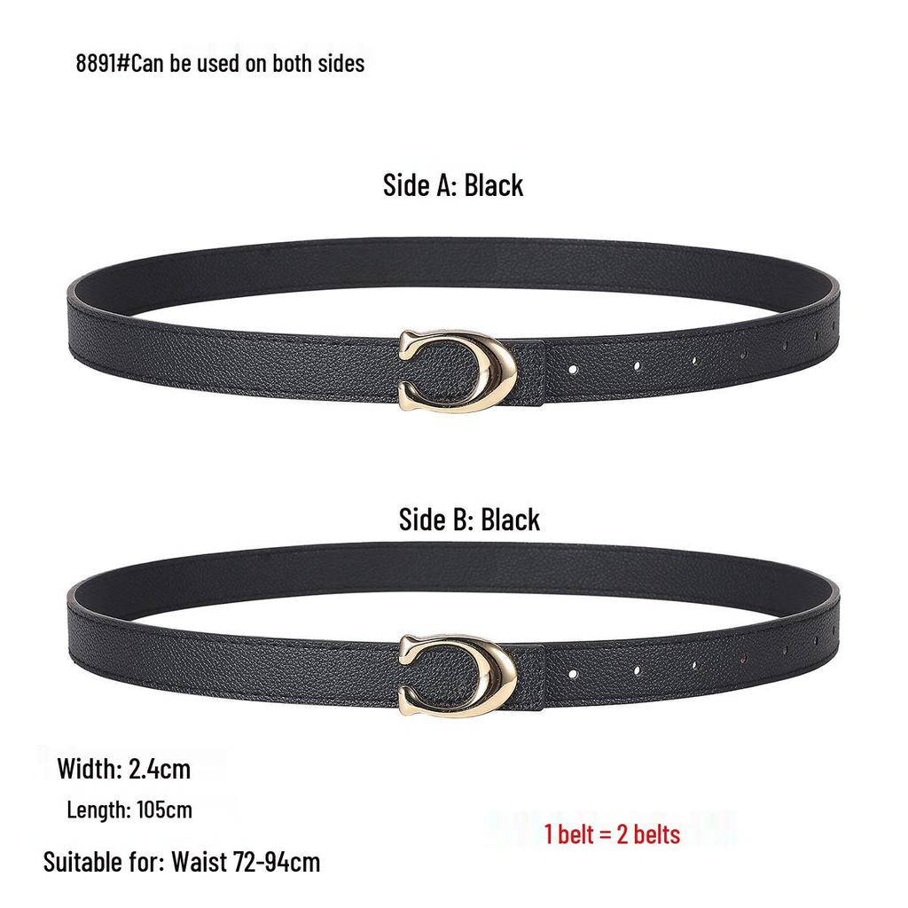 Smooth Buckle Black Lychee Grain Dual-Use Women's Leather Belt