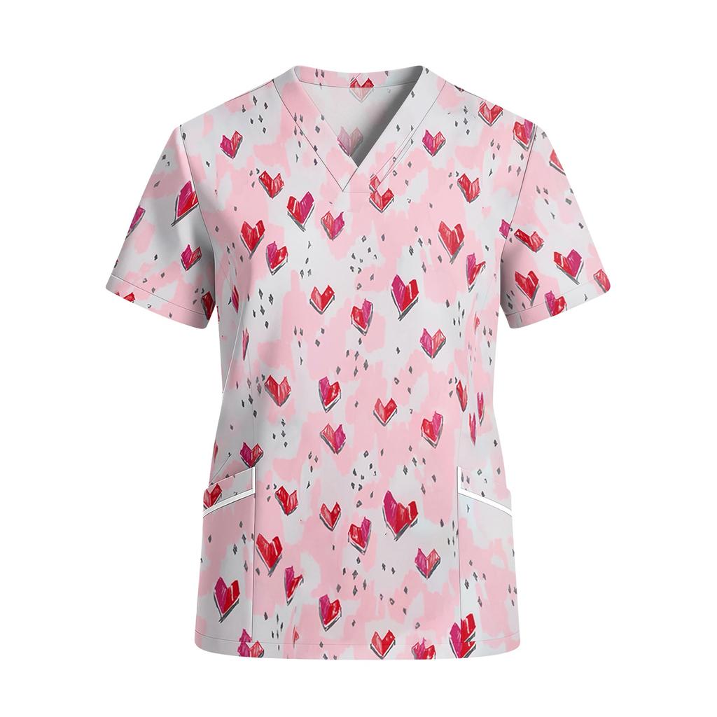 Women V Neck Short Sleeve Printed Scrub Top with Pockets for Work Uniforms Nursing Healthcare